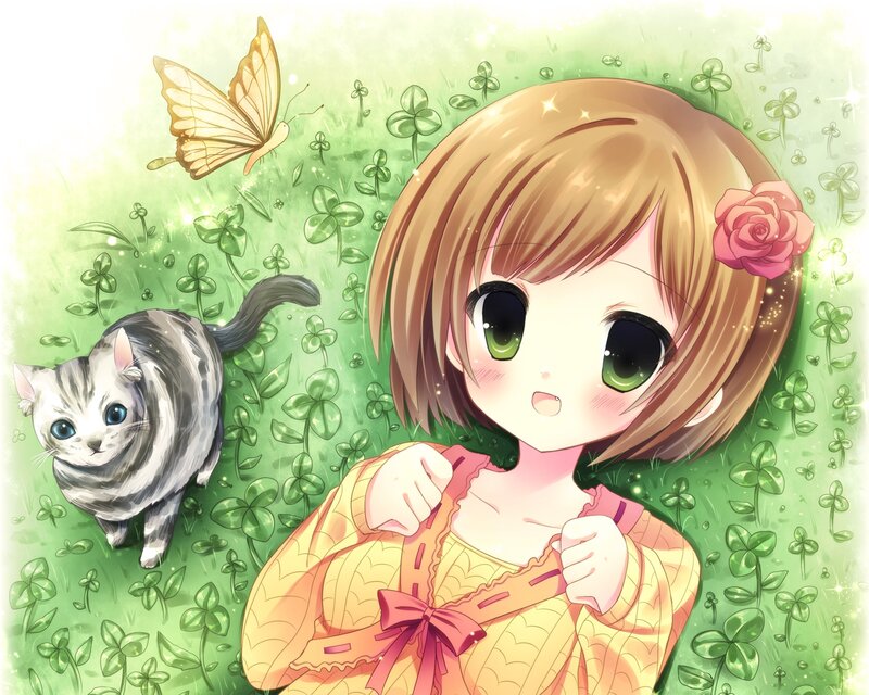 Anime Girl with Cat — Green, Serene, Spring