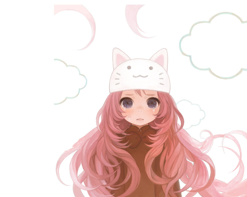 Anime Girl with Cat Hat — Pink, Sad