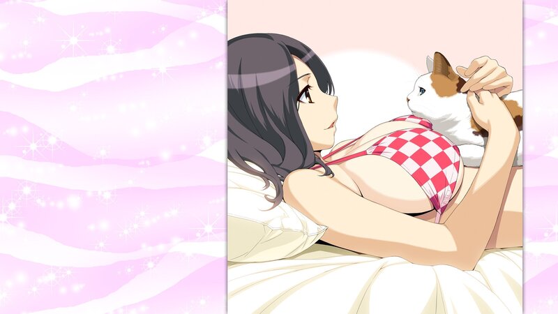 anime girl with cat in bed