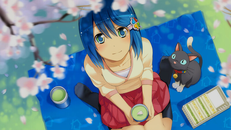 Anime girl with cat in cherry blossom