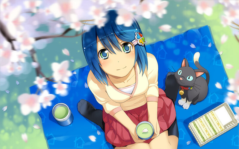 Anime girl with cat in cherry blossoms