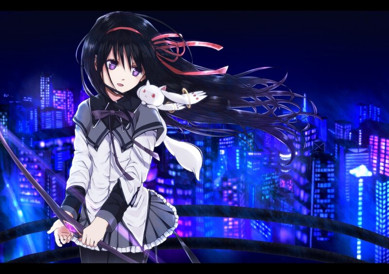 anime girl with cat in city