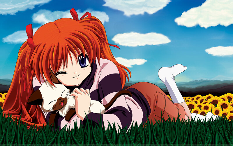 Anime girl with cat in field