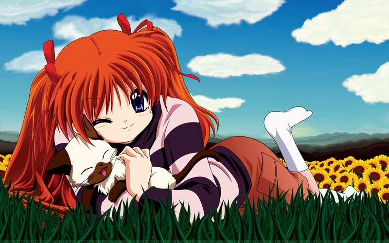 Anime girl with cat in field