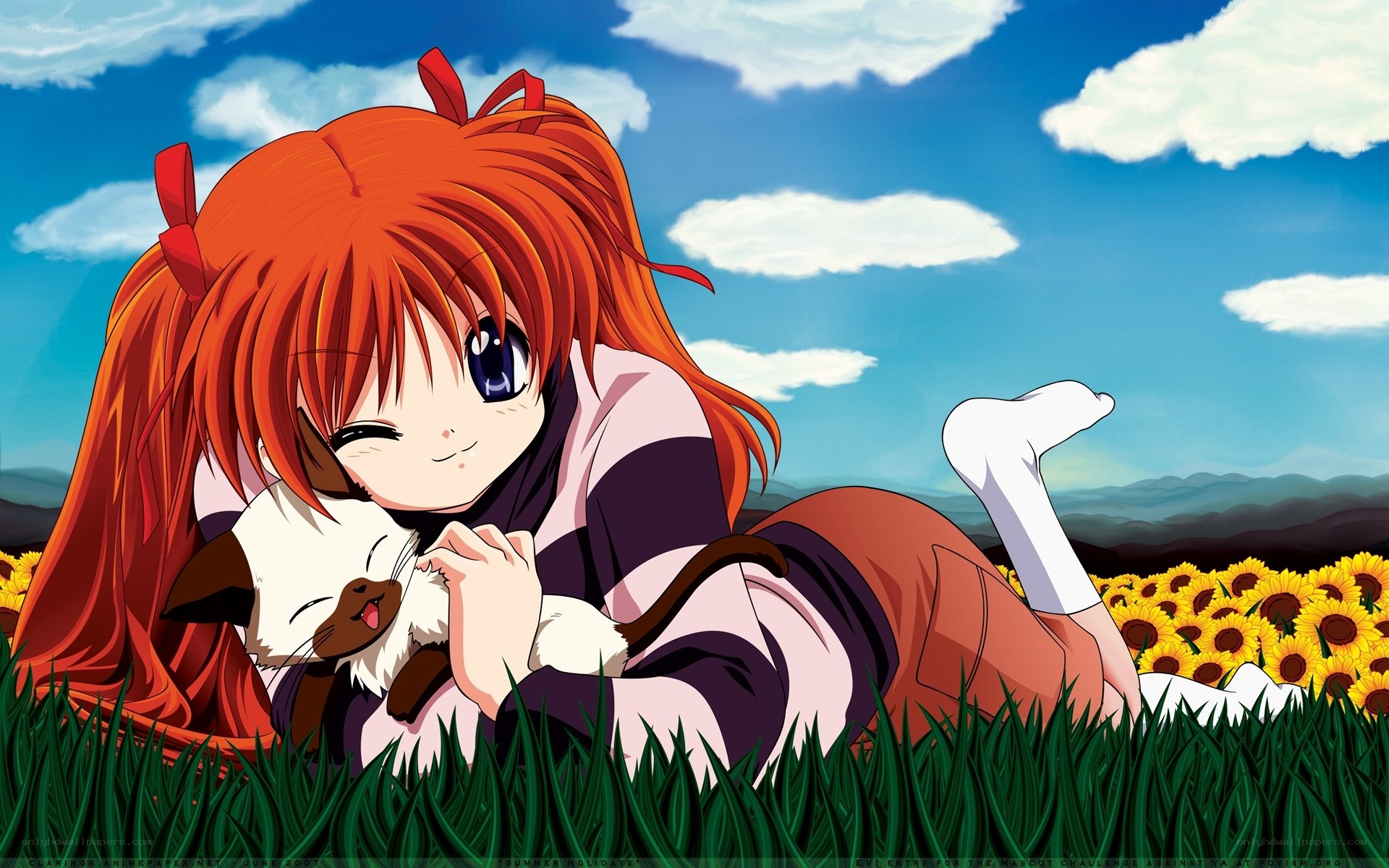 Anime girl with cat in field