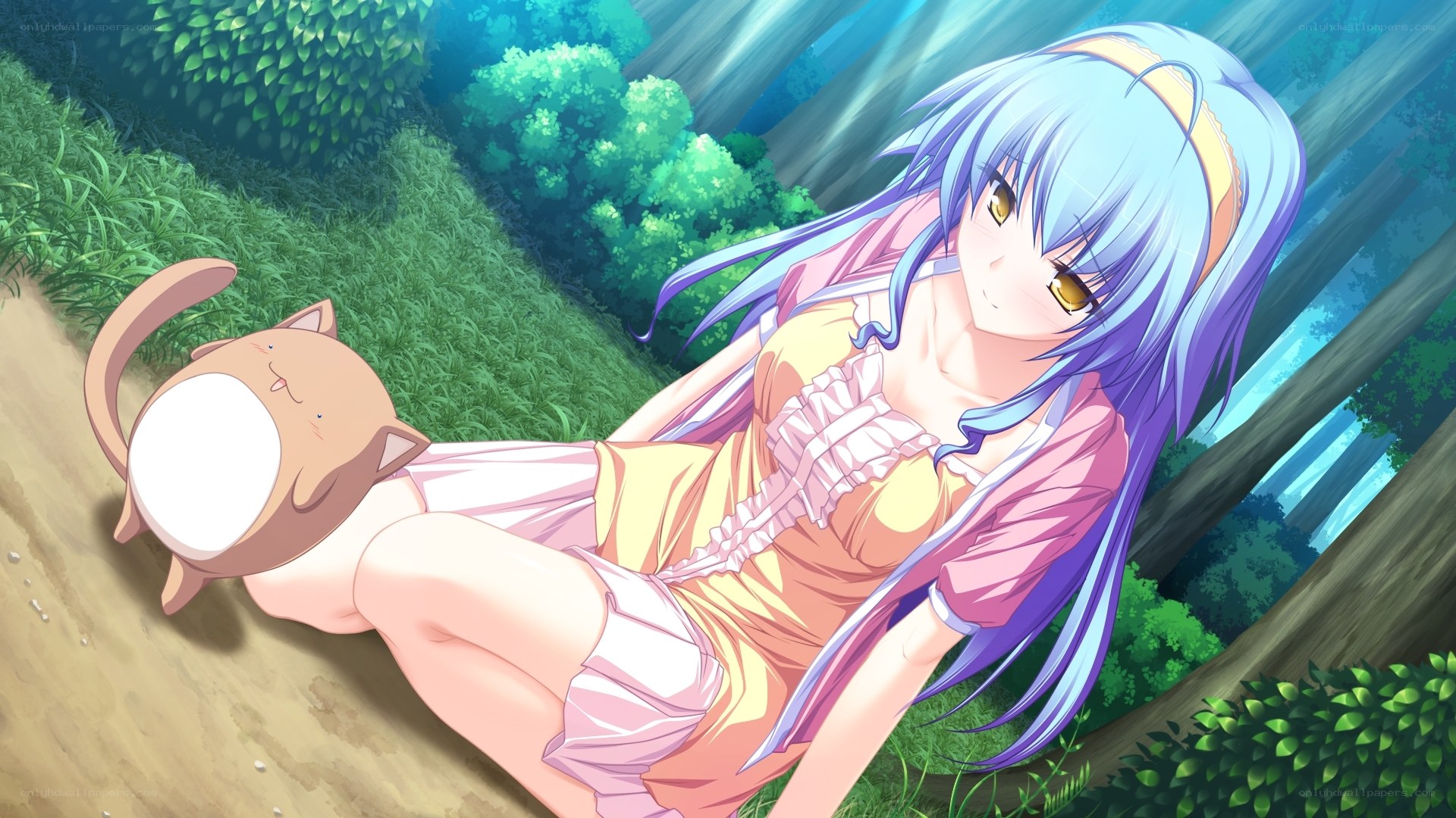 Anime girl with cat in forest