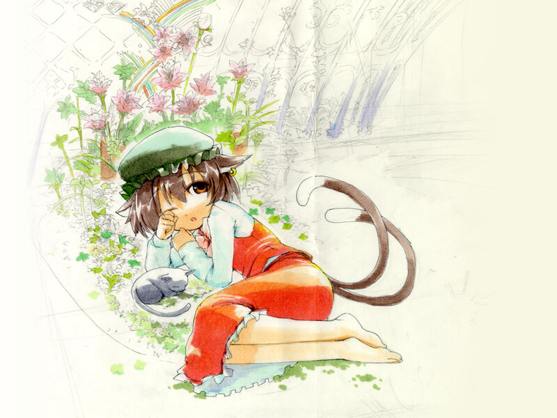 Anime girl with cat in garden