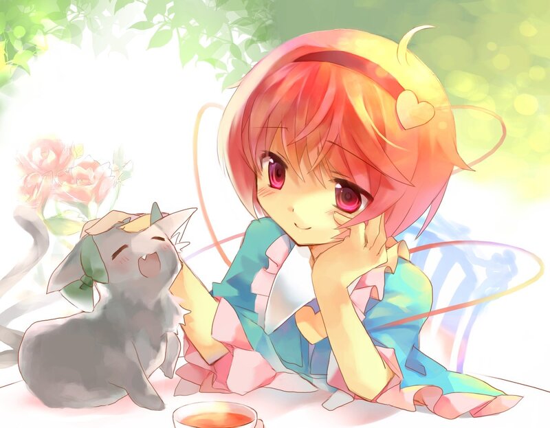 Anime girl with cat in garden