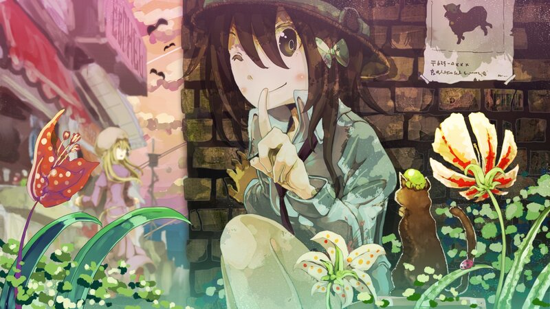 Anime girl with cat in garden