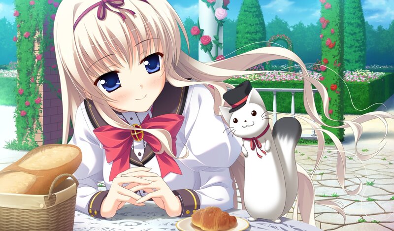 Anime girl with cat in garden