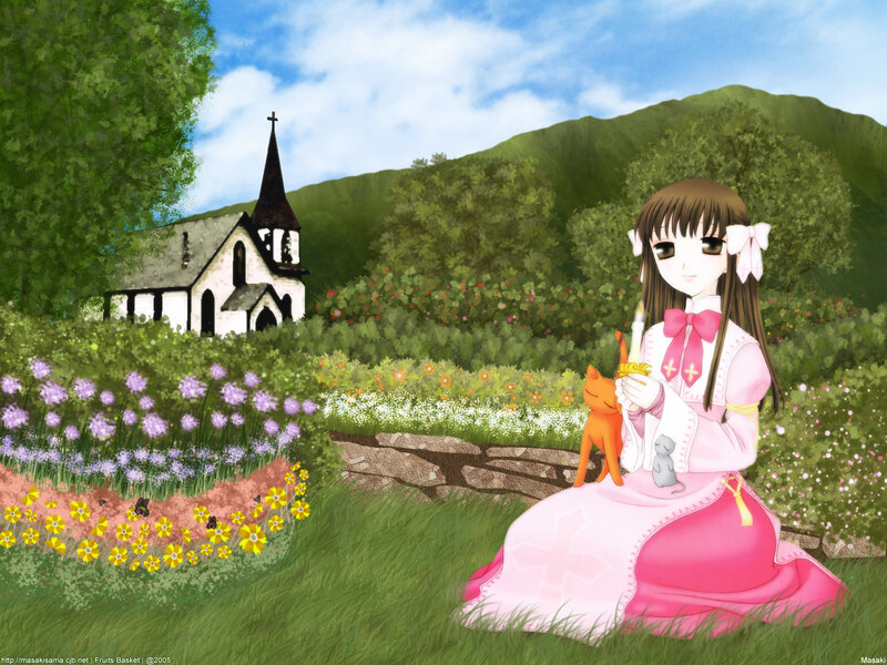 Anime girl with cat in garden