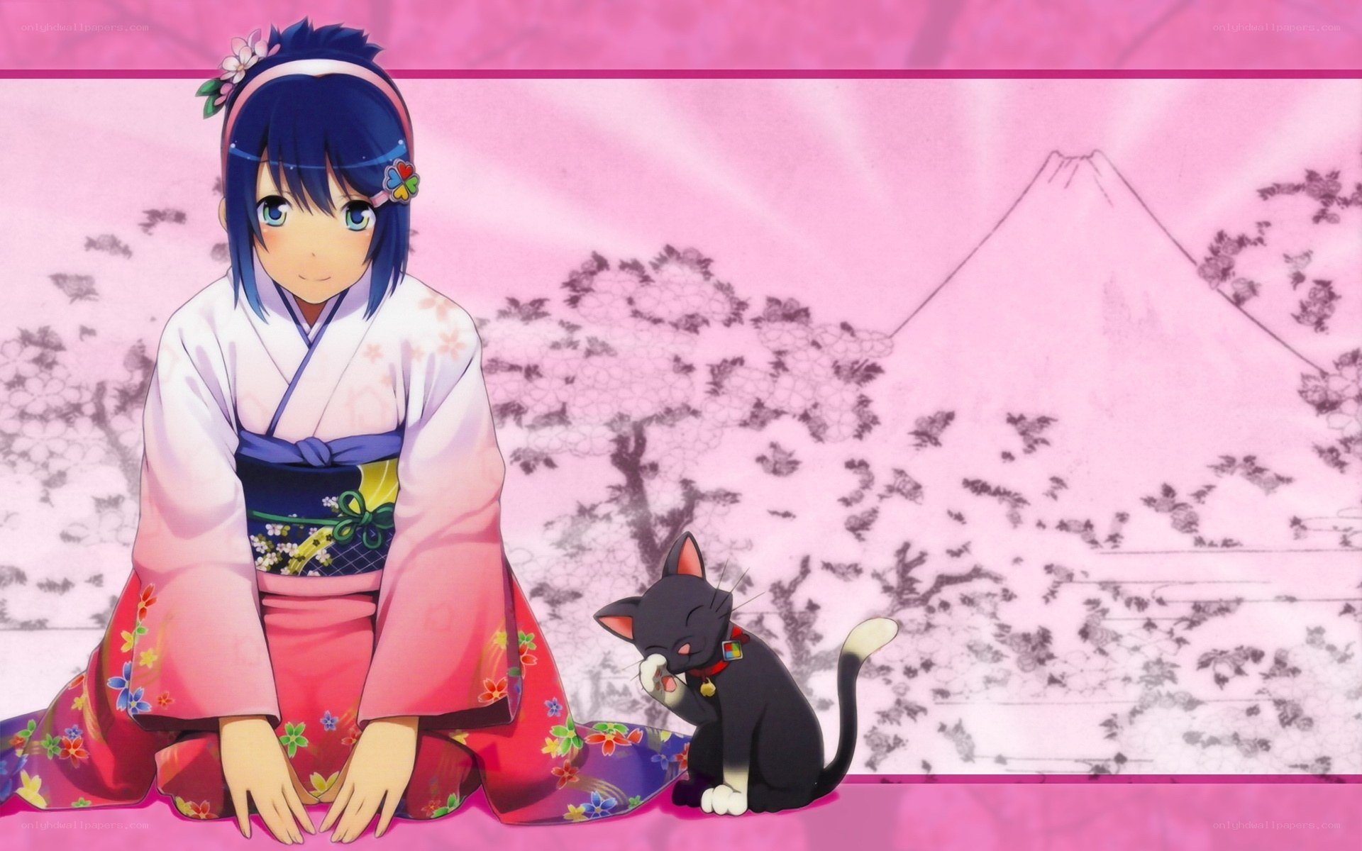 anime girl with cat in kimono