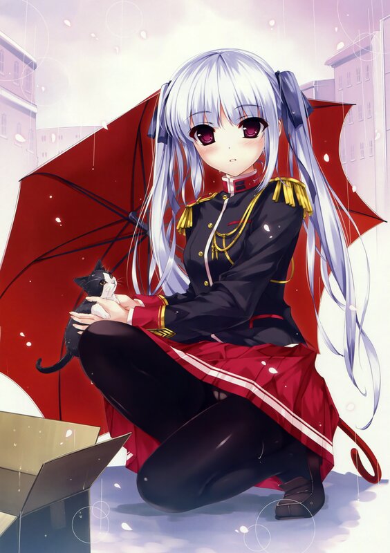 Anime girl with cat in rain