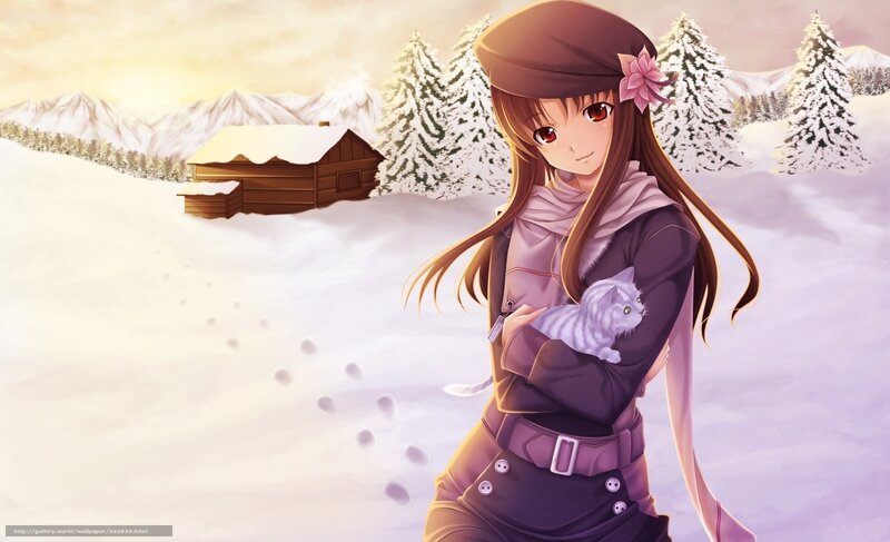 Anime girl with cat in snow