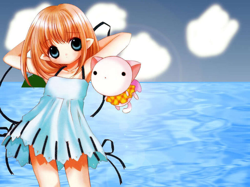 anime girl with cat in water