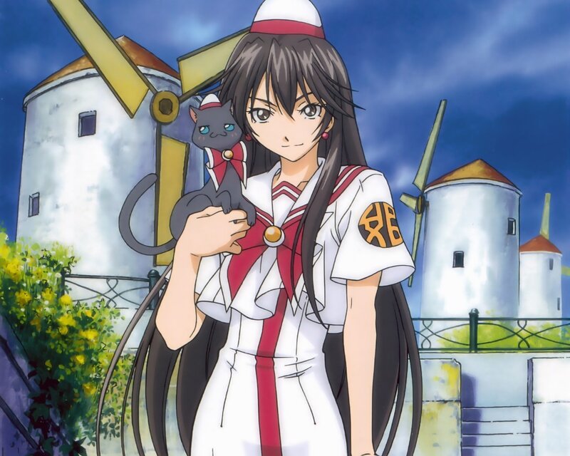 anime girl with cat in windmill town