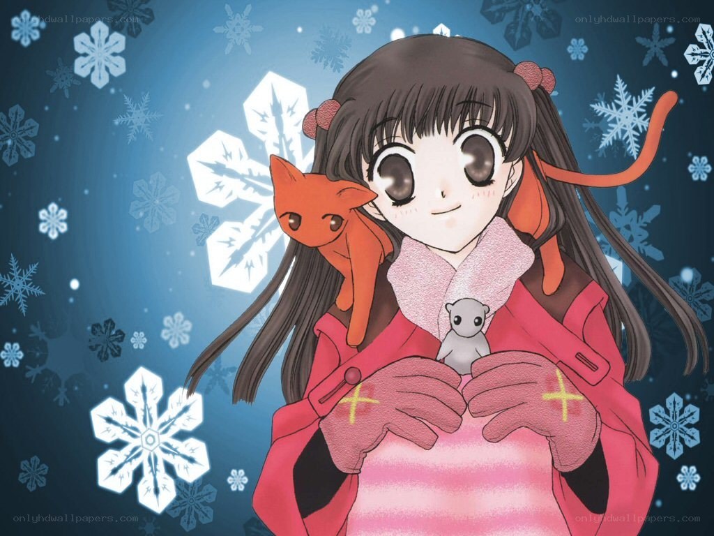 Anime girl with cat in winter