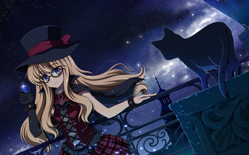 anime girl with cat on balcony