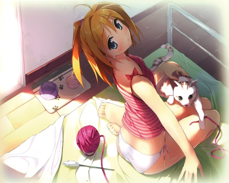Anime girl with cat on bed