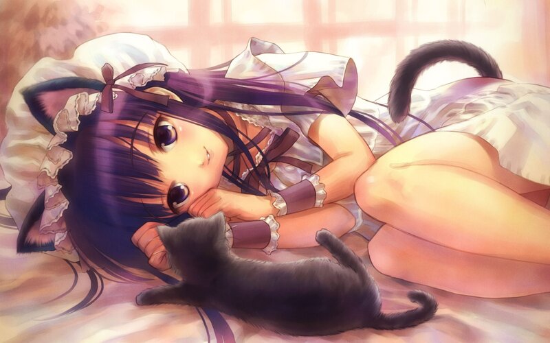 Anime girl with cat on bed