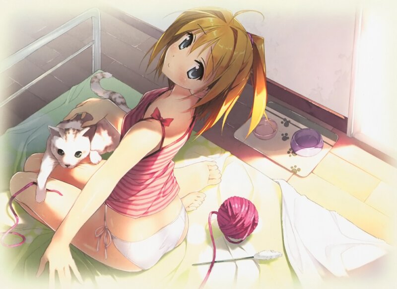 Anime girl with cat on bed