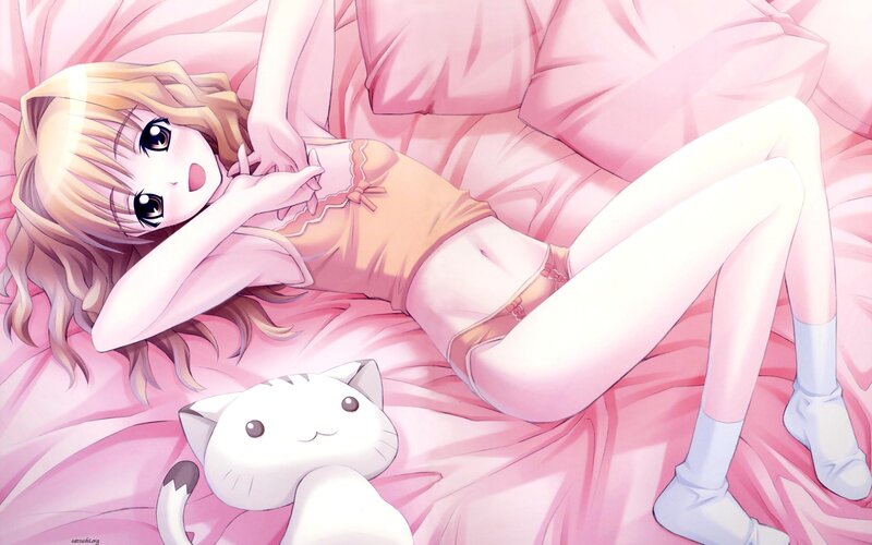 Anime girl with cat on bed