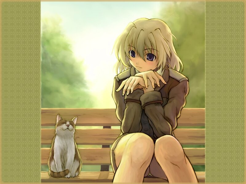 Anime girl with cat on bench