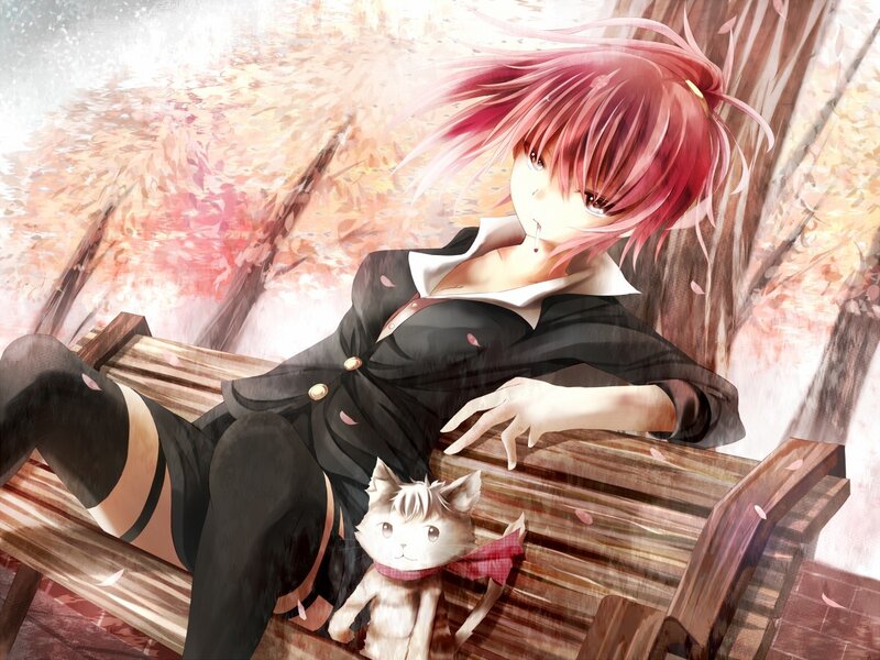 Anime girl with cat on bench