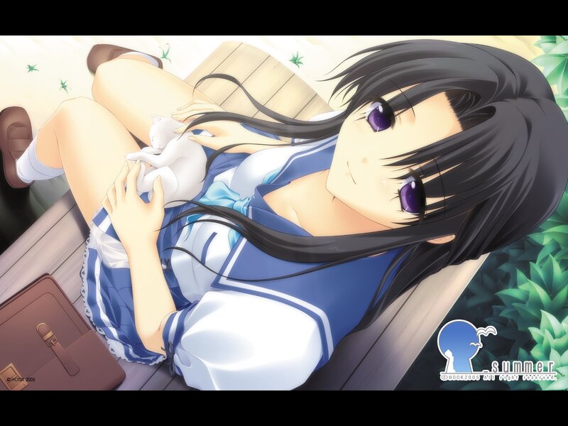 Anime girl with cat on bench