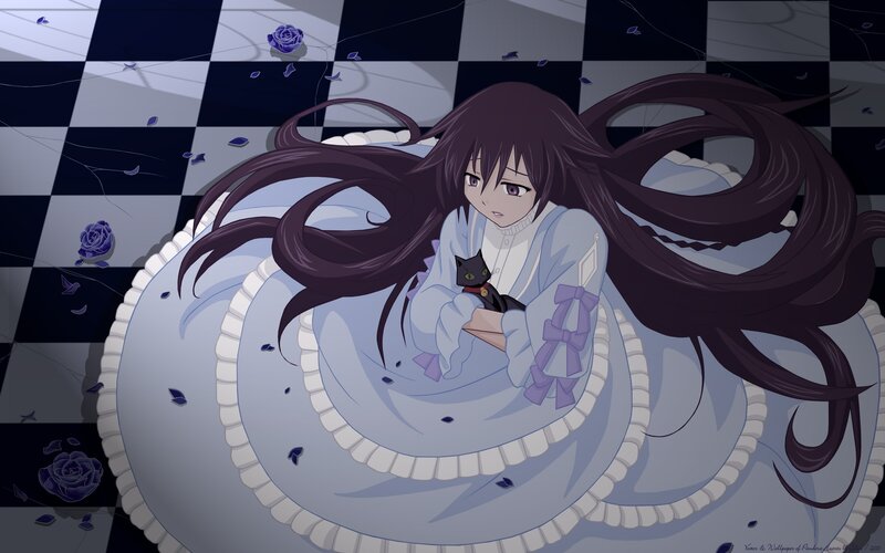 anime girl with cat on checkered floor