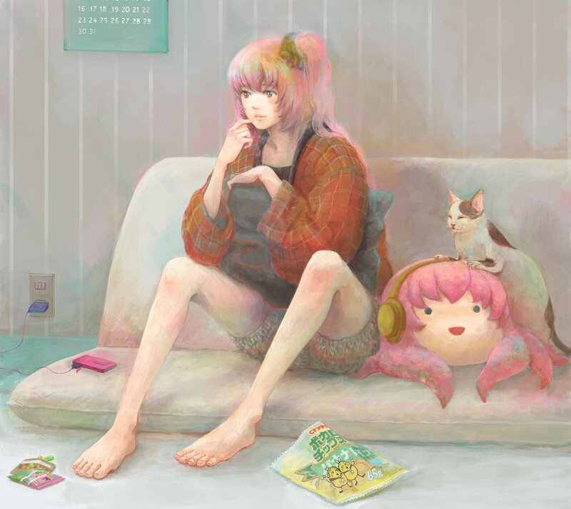 Anime girl with cat on couch
