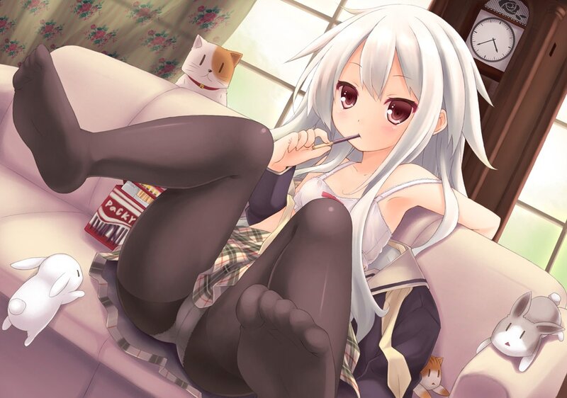 Anime girl with cat on couch