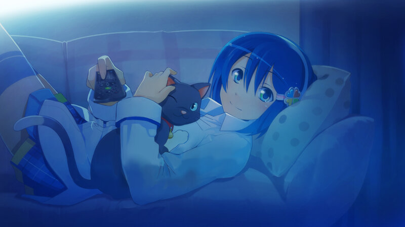 anime girl with cat on couch