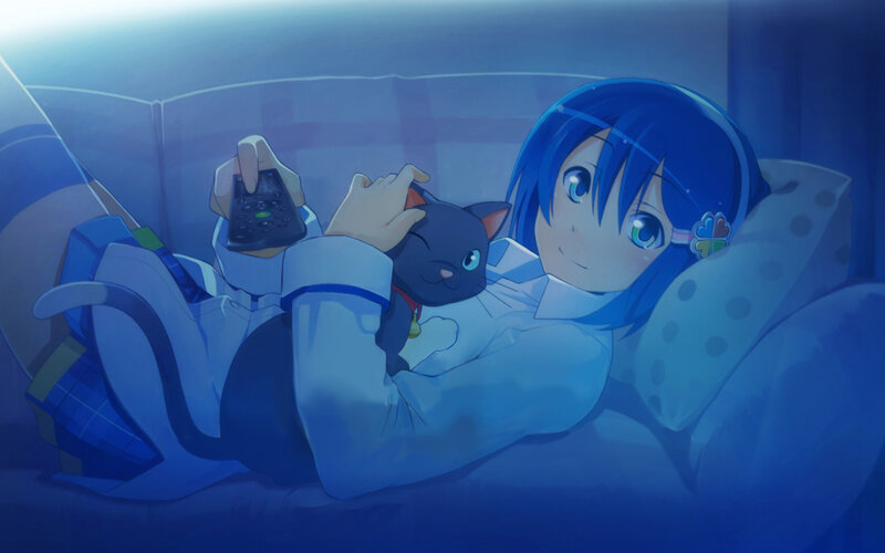 Anime girl with cat on couch