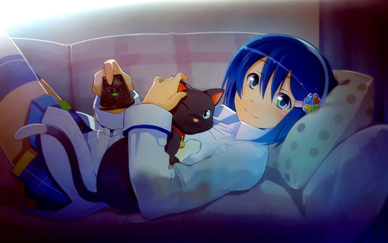 Anime girl with cat on couch