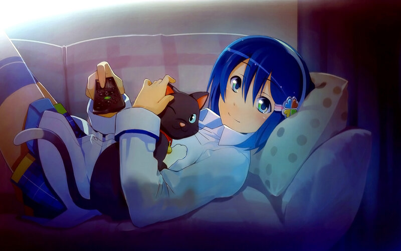 anime girl with cat on couch