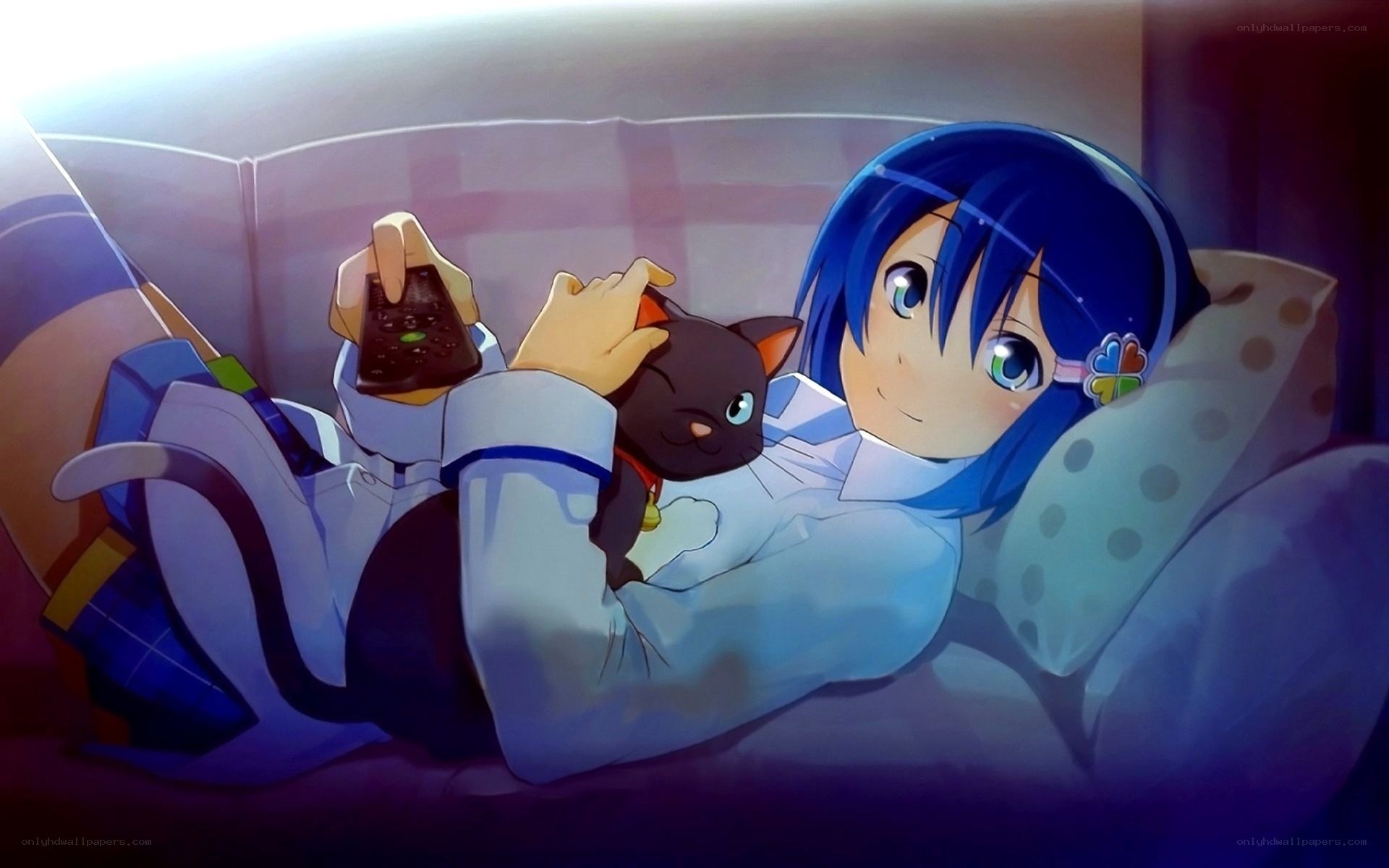 anime girl with cat on couch