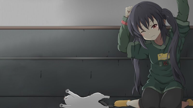 Anime girl with cat on floor