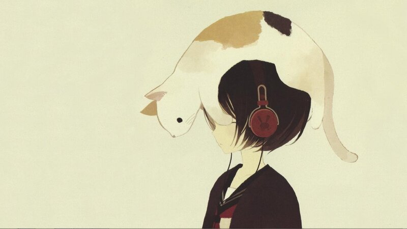 anime girl with cat on head