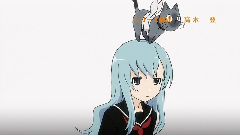anime girl with cat on head