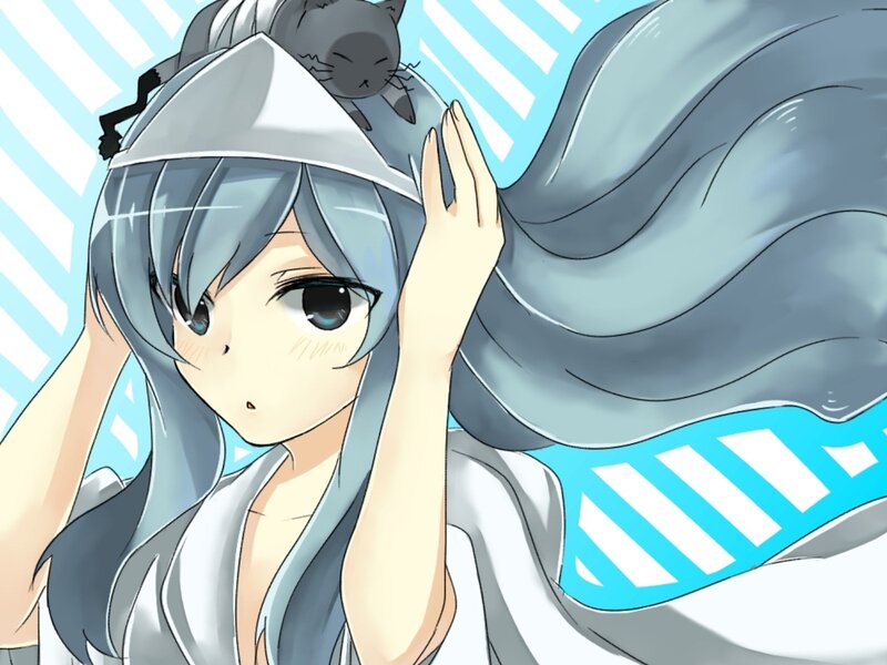 anime girl with cat on head