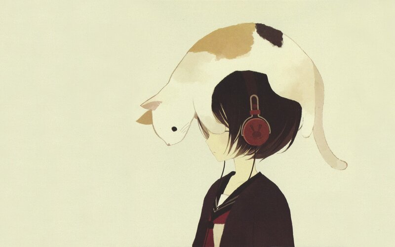 anime girl with cat on head