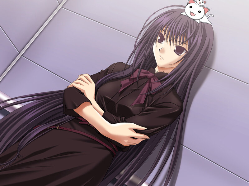 anime girl with cat on head