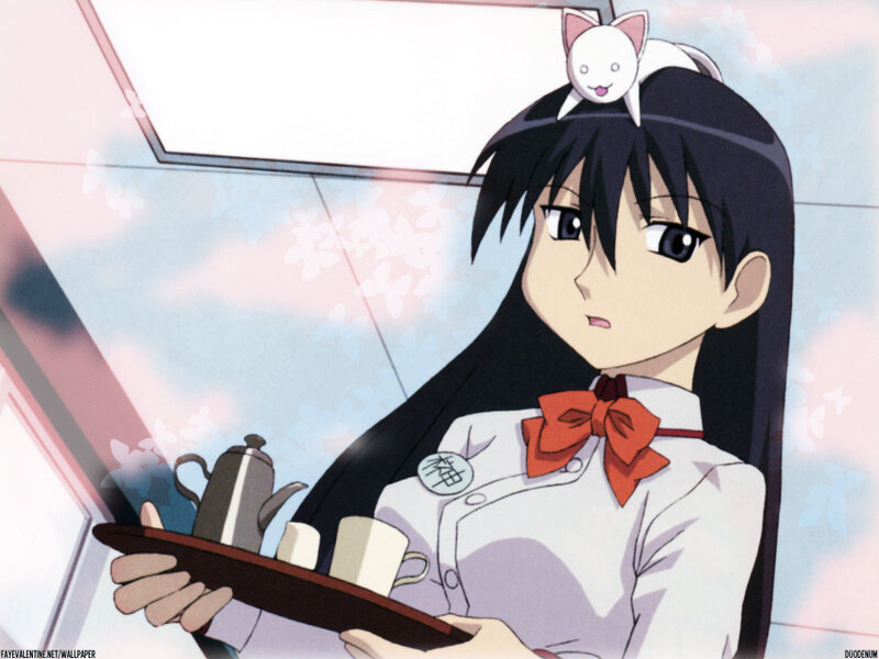 anime girl with cat on head