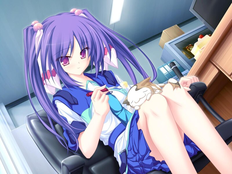 Anime girl with cat on lap