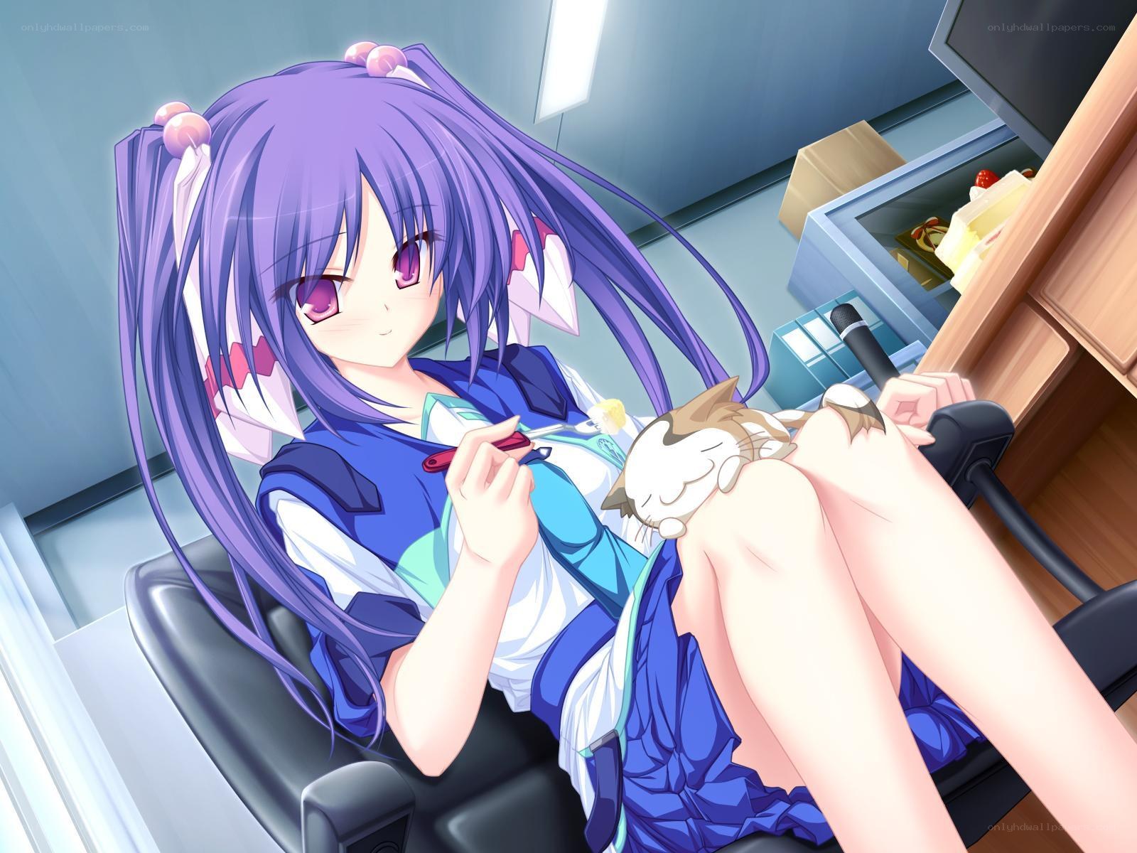 Anime girl with cat on lap