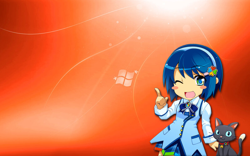 anime girl with cat on orange background