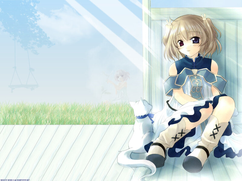 Anime girl with cat on porch