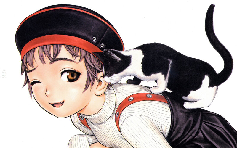 anime girl with cat on shoulder