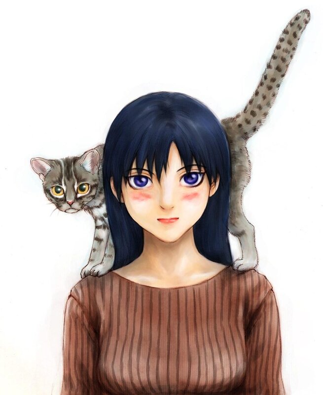 anime girl with cat on shoulders